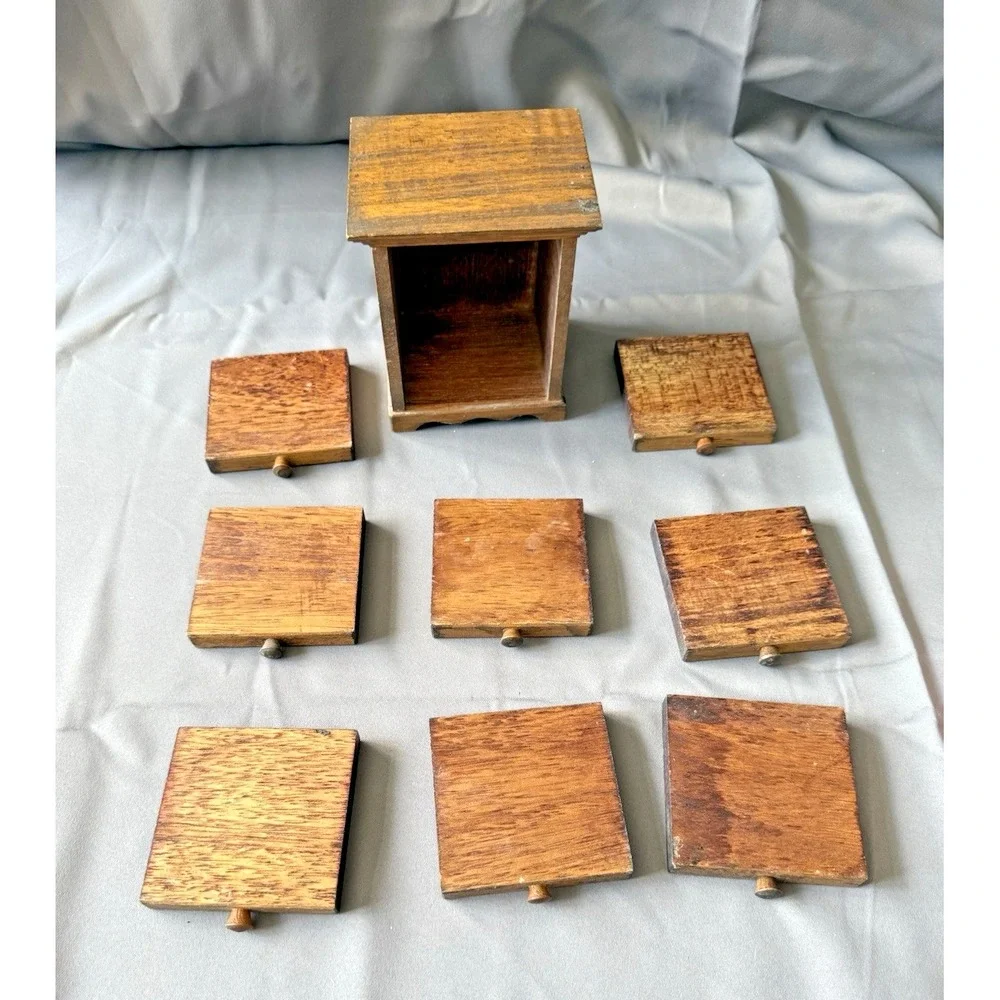 Vintage Set‎ of 8 Wooden Stackable Drawer Drink Cocktail Coasters Made in Japan